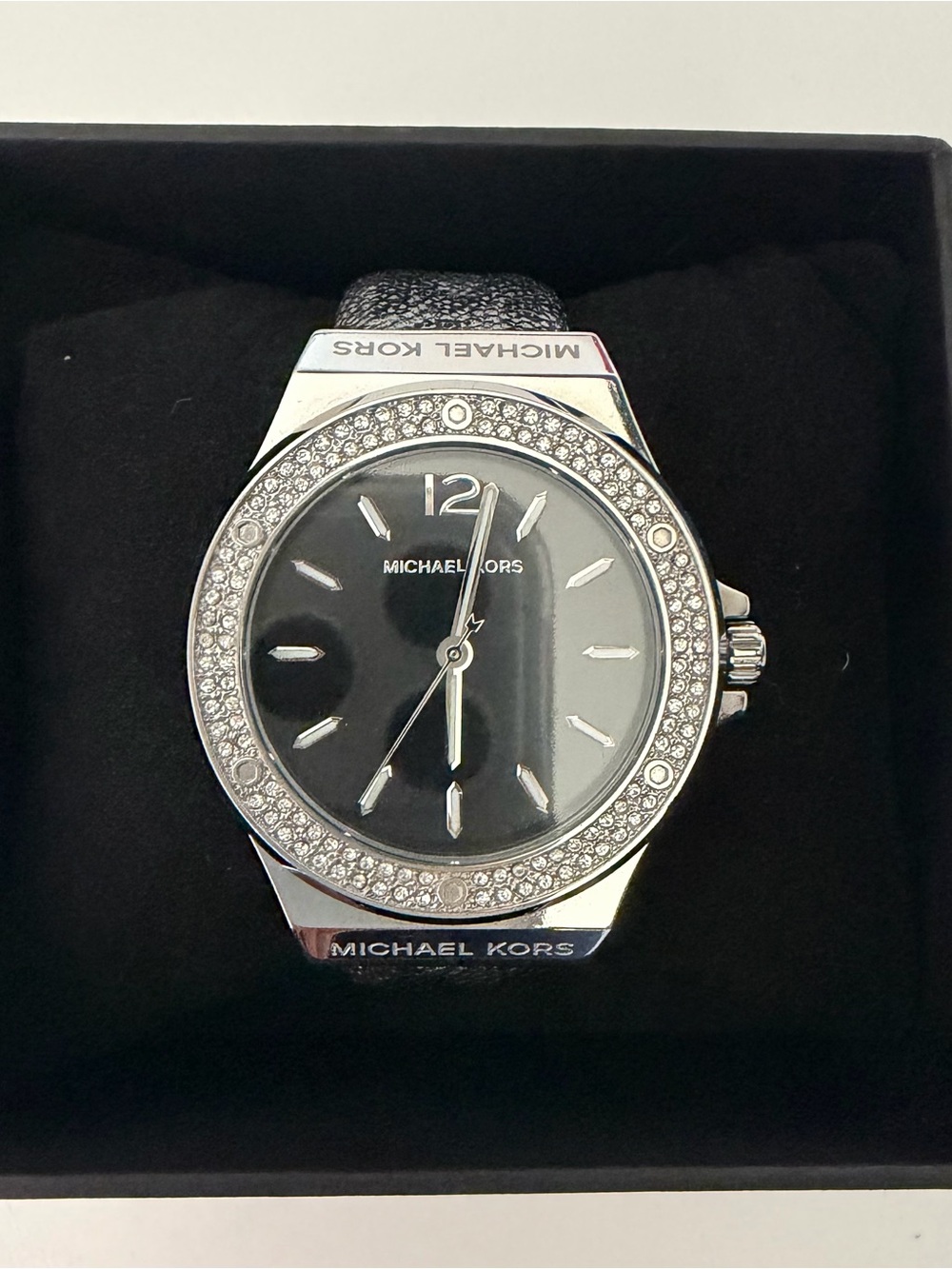 Michael Kors Black Dial Silver-Tone Crystal Bezel Watch Style# MK 7909